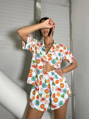 Multi Fruit Stickers Button Front Short-Sleeve-Shirt