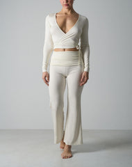 Agon Cream Long-Sleeve Wrap Top & Micro-Flare Trousers Set