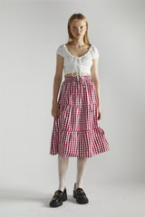 Cherry Red Gingham Pleated Midi-Skirt