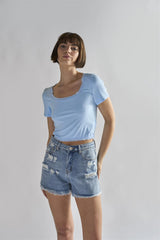 Light-Blue Square-Neck-Crop Tops