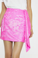 Neon-Pink-Sequin Asymmetric-Drape Mini-Skirt