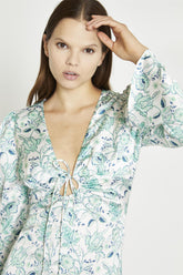 White-Mint Paisley Satin Gathered Keyhole Mini-Dress