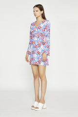 Blue-Red Flower Fluted Sleeve Mini-Dress