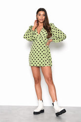 Green Brown Polka Dot Wrap Mini-Dress