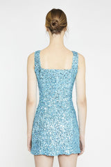Aquamarine-Sequin Square-Neck Mini-Dress