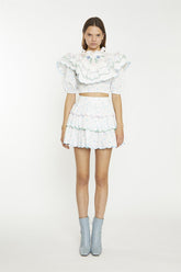 White Blue Pink Ditsy Tiered Mini-Skirt