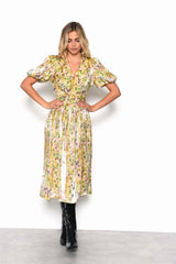 Smudgy Floral Belted Midi Dress with Statement Collar and Sleeves