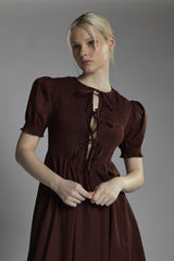 Burgundy Short-Puff-Sleeve-Tie-Front Maxi-Dress