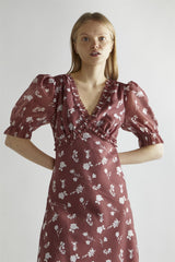 Burgundy-Floral Organza V-Neck Midaxi-Dress
