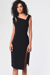 Black Asymmetric-Cut-Out Midi-Dress