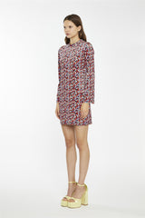 Multi-Ditsy-Velvet Long-Sleeve-Peplum Mini-Dress