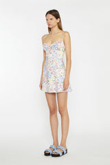 Painted Multi-Floral Tie-Back Ruched Mini-Dress