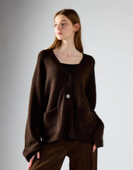 Khaki Brown V-Neck Cardigan With Pockets