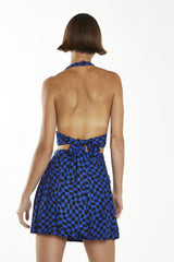 Blue Warped Checkerboard Mini-Skirt