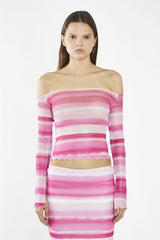 Pink Ombre-Stripe Mesh Off the Shoulder -Top