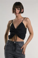 Black Gathered Sleeveless Crop-Top