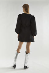 Black Jacquard V-Neck Tie Waist Mini Dress