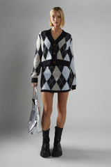 Black-Multi-Argyle Button-Down Cardigan