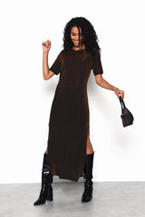 Round Neck Split Front Maxi Dress in Black Bronze Lurex