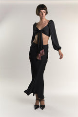 Black Tie Front Cropped Blouse Tops
