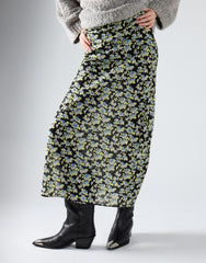 High-Waisted Long Skirt - Black Grey Flower