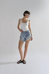 Antique-Wash High-Waisted Distressed Denim-Shorts