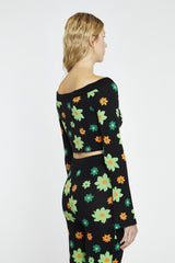 Green-Flower-Intarsia Long-Sleeve Crop-Top