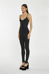 Black Silver Rhinestuds V-Neck Jumpsuit