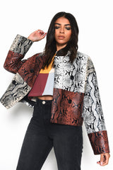Snakeskin-Patchwork Button-Front Long-Sleeve-Jacket