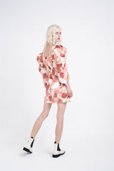 Cream-Apricot-Rose Long-Puff-Sleeve Mini-Dress