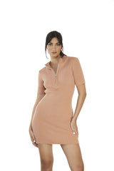 Sandstone 3/4-Zip-Ribbed Mini-Dress