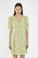 Shift Short Dress - Olive Green Flower