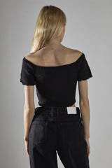 Black Shirred Bardot Crop-Top