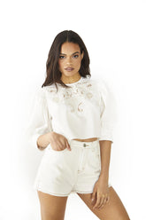 Off White Stone Lace Detailed Crop-Top