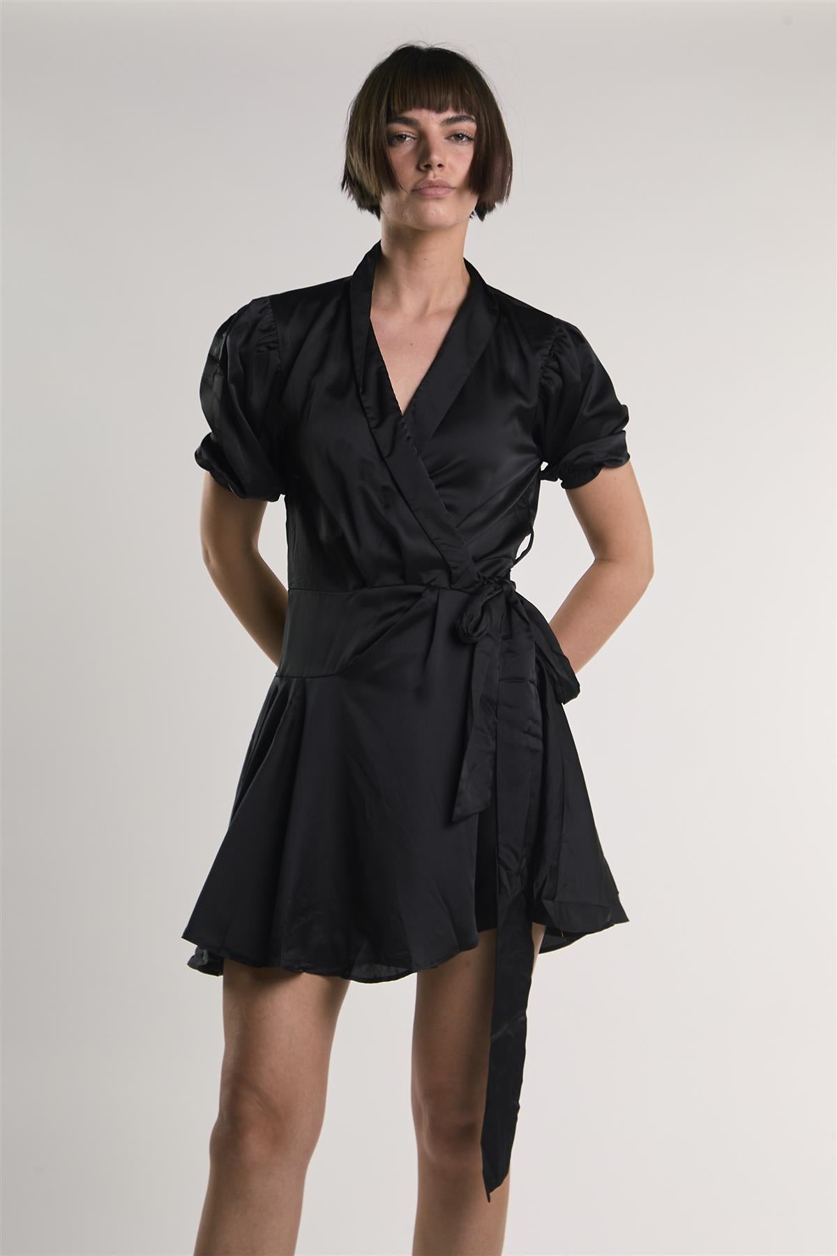 Black-Sateen Crossover-Tie Mini-Dress