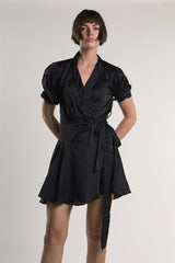 Black-Sateen Crossover-Tie Mini-Dress