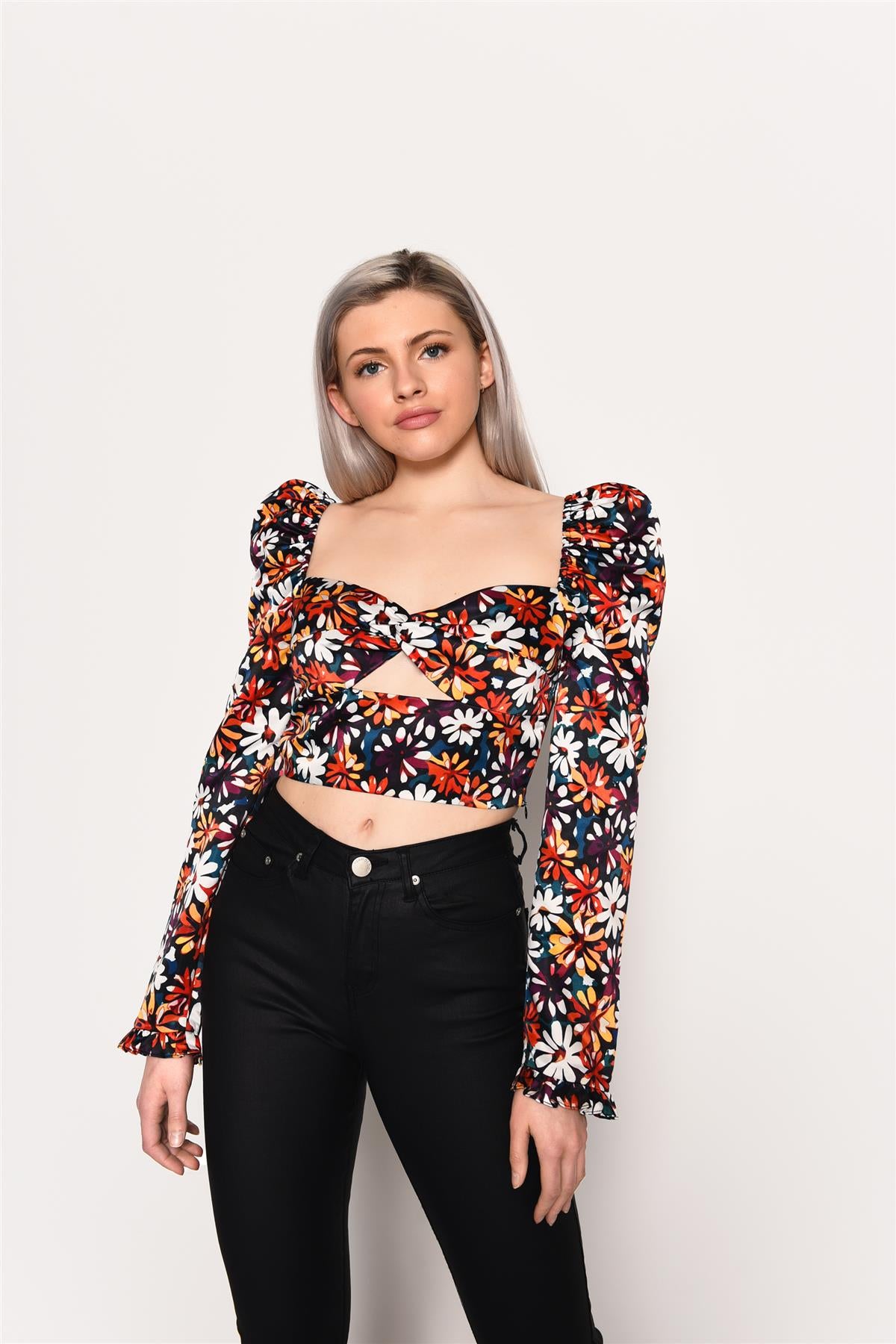 Painted-Daisy Long-Sleeve Crop-Top