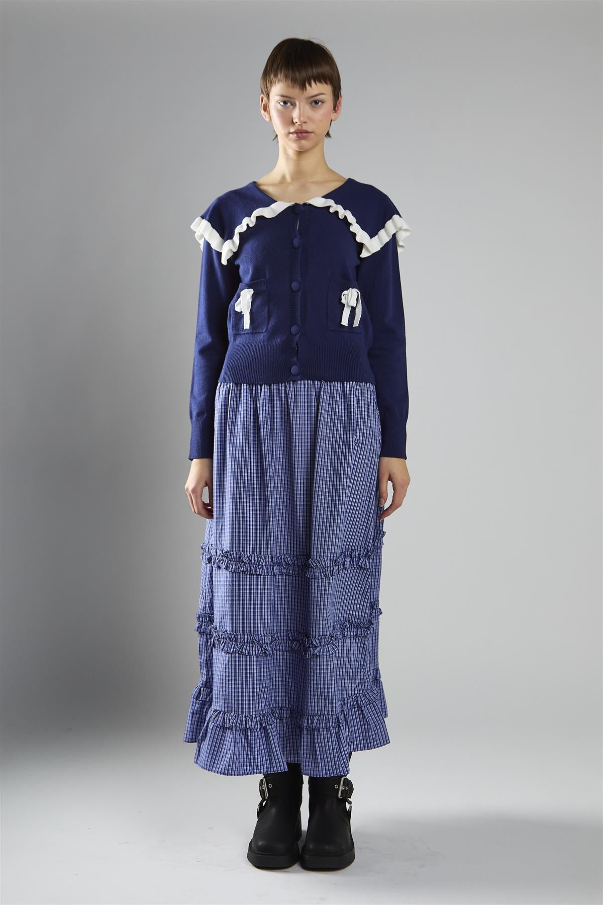 Navy-White Collared Cardigan