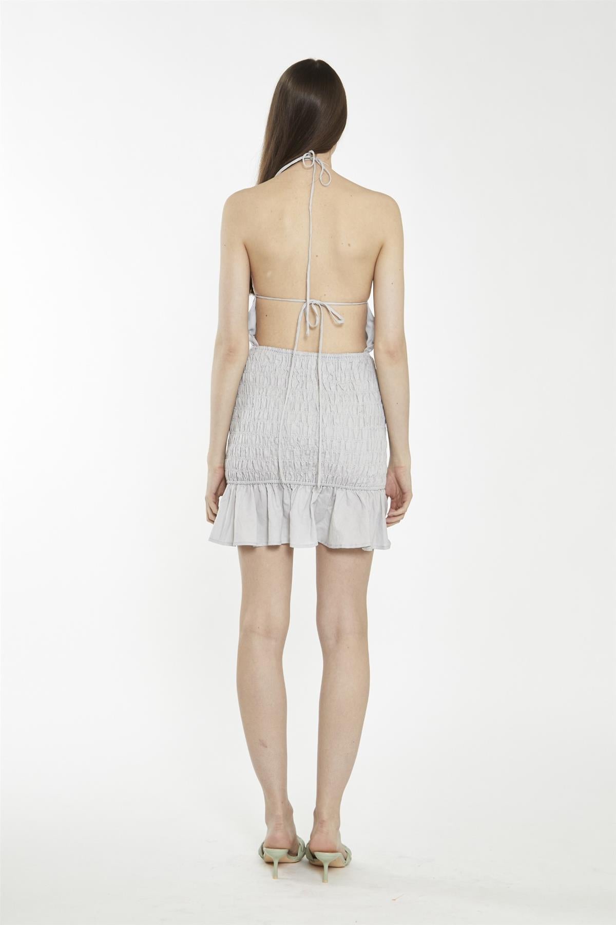 Light-Grey Halter-Neck Shirred Mini-Dress