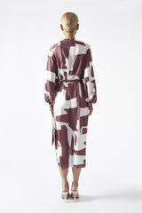 Dark-Rose Abstract Wrap Midi-Dress