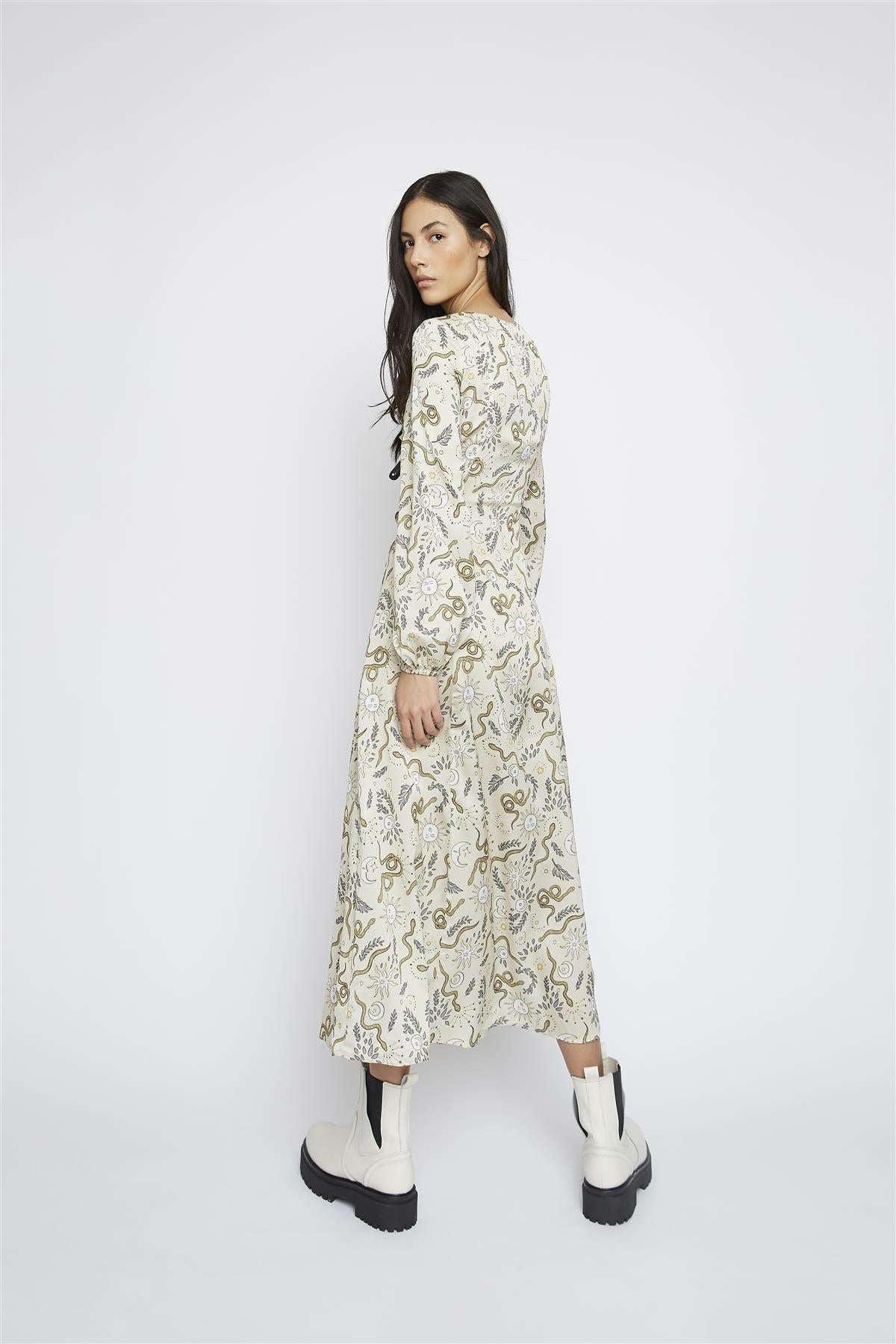 Stone-Sun-Moon Long-Puff-Sleeve-Button-Front Maxi-Dress
