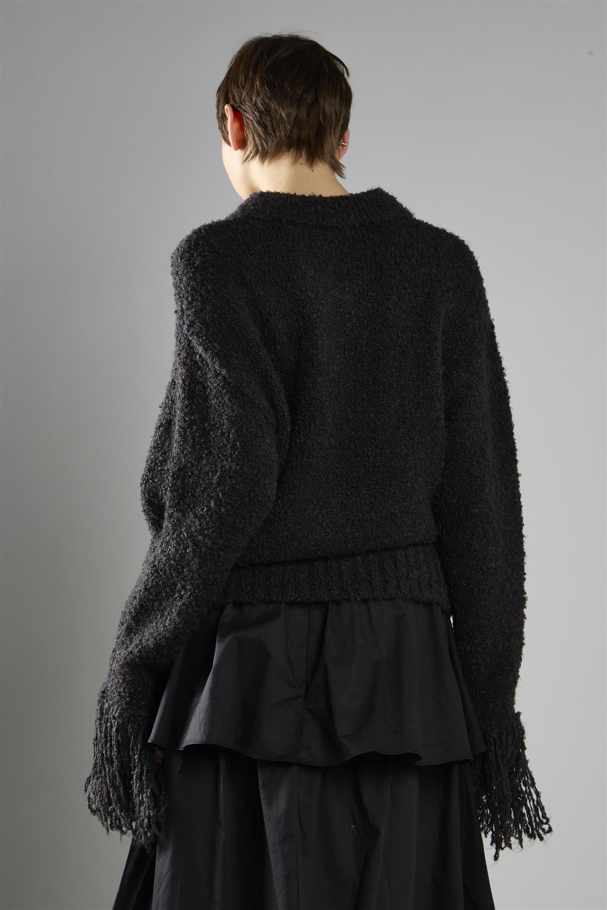 Black Fringe Cuff Button-front Cardigan