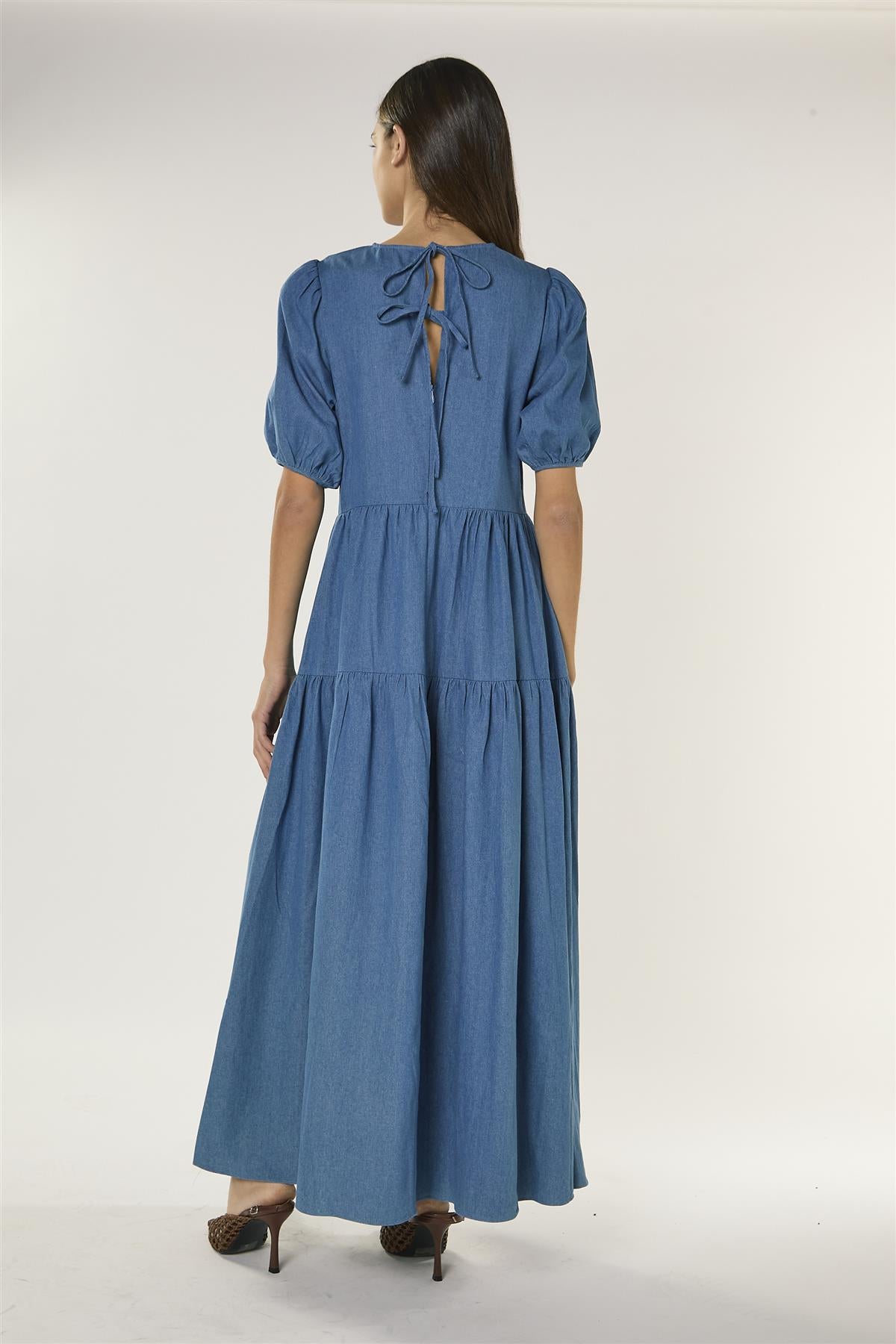 Washed Blue Tiered Maxi Dress with Puff Sleeves
