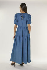 Washed Blue Tiered Maxi Dress with Puff Sleeves