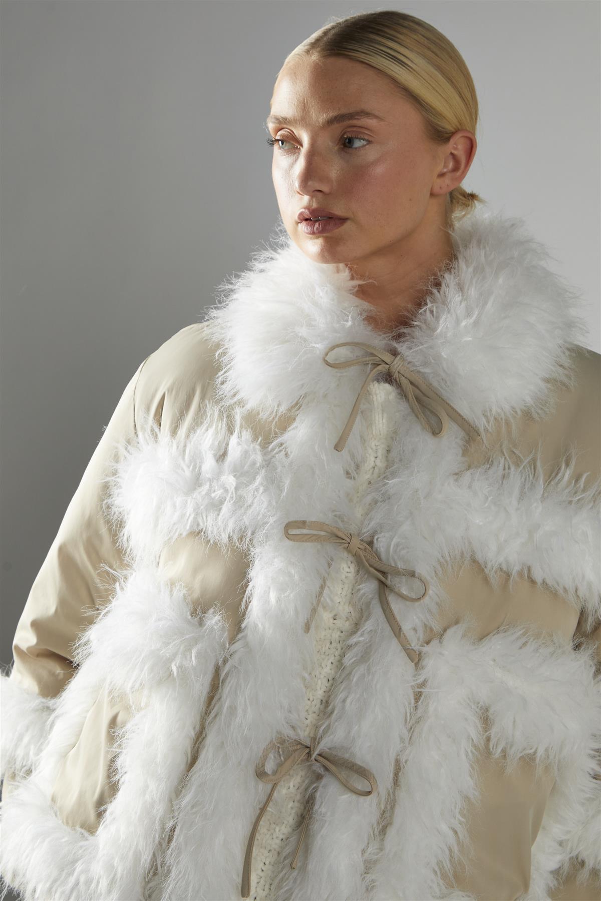 Tie Front Fur Lined Jacket - Stone White