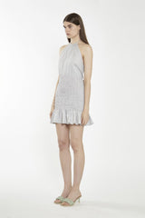 Light-Grey Halter-Neck Shirred Mini-Dress