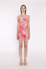 Multi Watercolour Flower Bardot Mini Dress