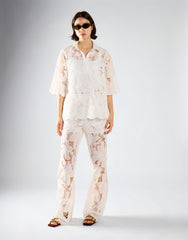 White Embroidered Flared High Waisted Trousers