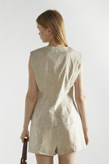 Natural Sleeveless Button Front Vest-Top