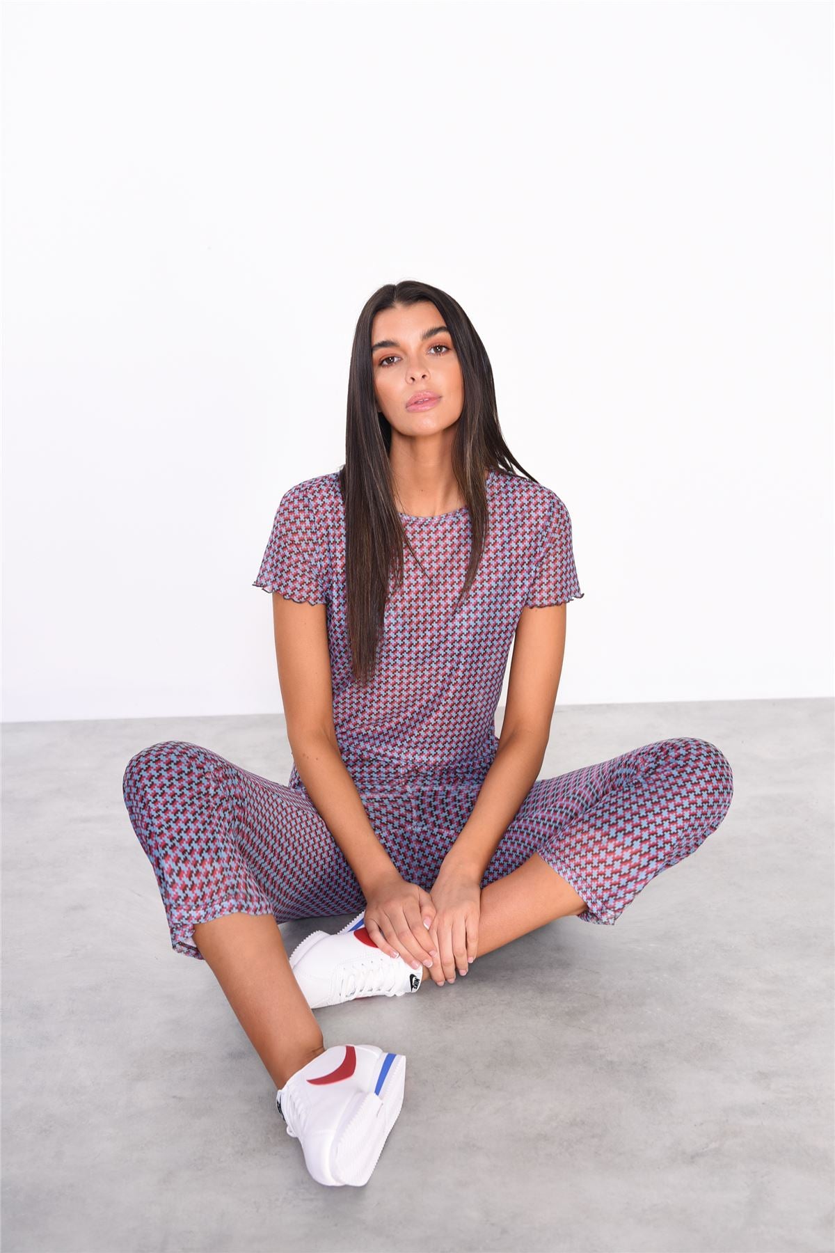 Mini Geo Mesh Cropped Flared Trousers